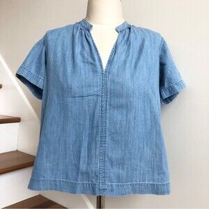 Madewell Blouse Womens Size XXS Blue Chambray Short Sleeve V Neck Oversized Boxy